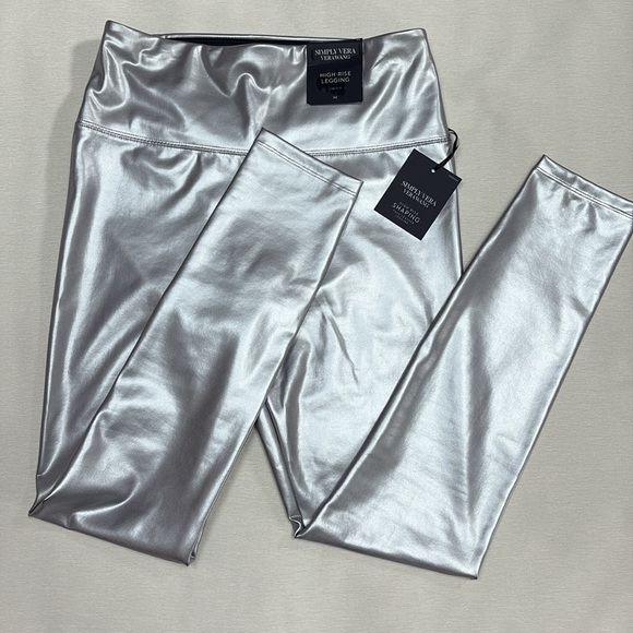 Simply Vera High Rise Shaping Faux Leather Metallic Silver Legging- brand new - Picture 3 of 14